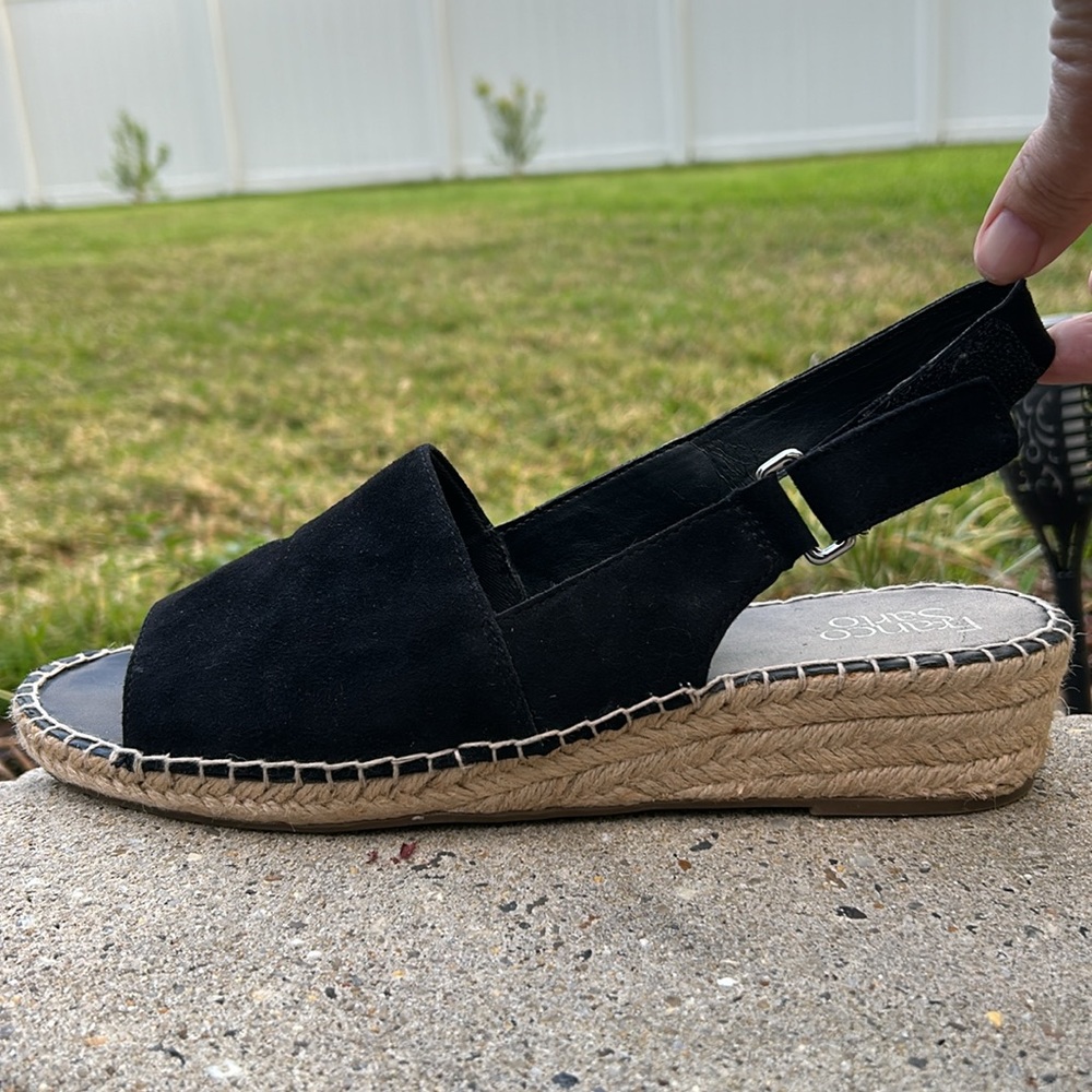 Franco Sarto Leanne Black Suede Espadrille Low Slingback Hook & Loop Wedge 11